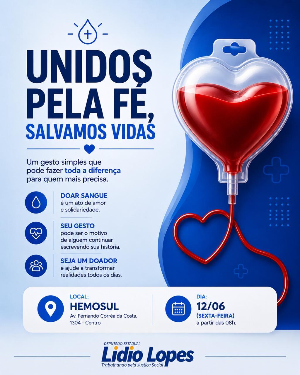 Lidio Lopes e Unidos Pela Fé realizam campanha de doação de sangue no Hemosul nesta sexta em Campo Grande